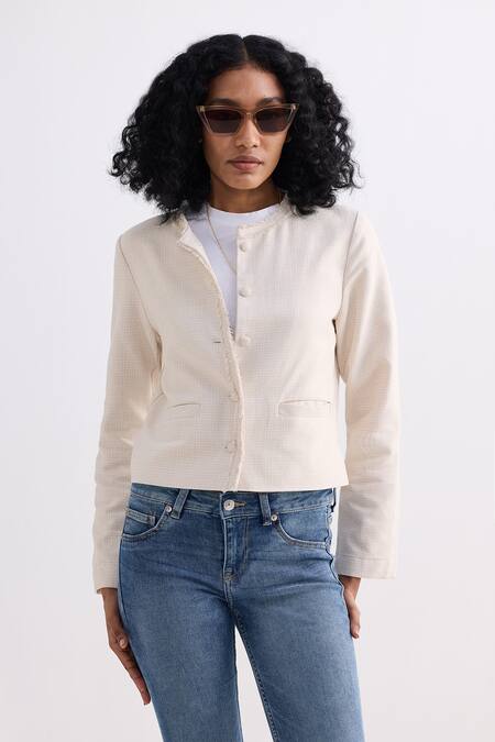 Shop_Reistor_Cream Cotton Round Neck Tweed Cropped Lady Jacket _Online_at_Aza_Fashions