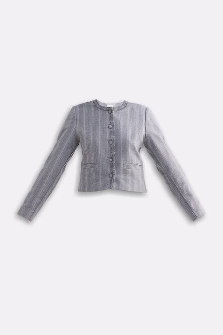 Reistor_Gray Cotton Round Neck Tweed Cropped Lady Jacket _Online_at_Aza_Fashions