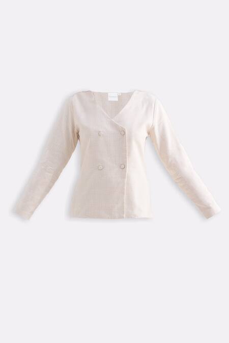 Reistor_Off White Cotton V-neck Tweed Cropped Lady Jacket _Online_at_Aza_Fashions