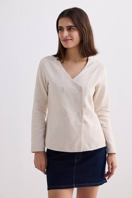 Buy_Reistor_Off White Cotton V-neck Tweed Cropped Lady Jacket _Online_at_Aza_Fashions