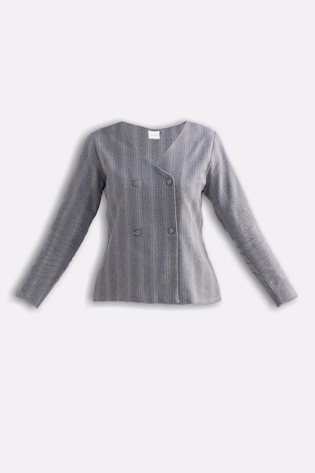 Buy_Reistor_Gray Cotton V-neck Tweed Overlap Button Jacket _Online_at_Aza_Fashions