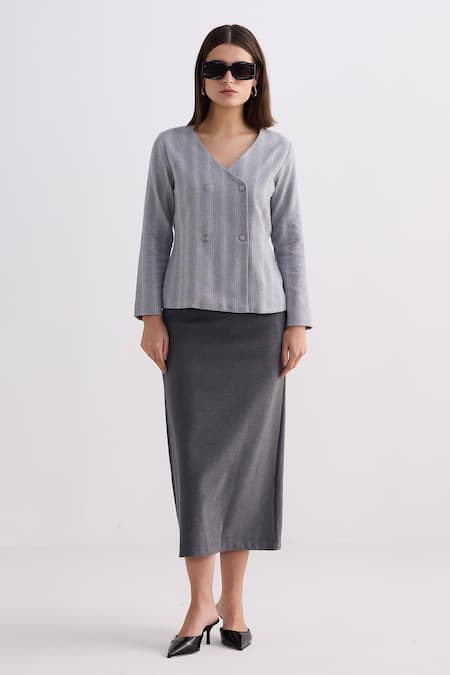 Reistor Cotton Tweed V-Neck Overlap Button Jacket 