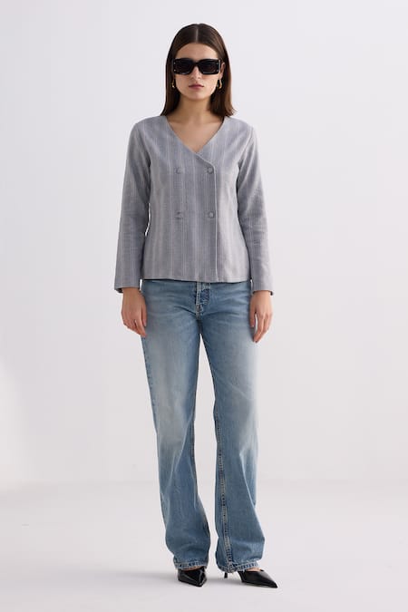 Shop_Reistor_Gray Cotton V-neck Tweed Overlap Button Jacket _Online_at_Aza_Fashions