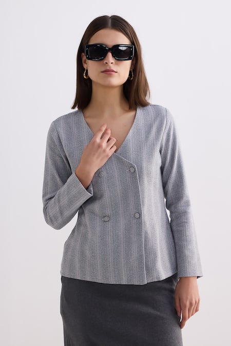 Buy_Reistor_Gray Cotton V-neck Tweed Overlap Button Jacket 