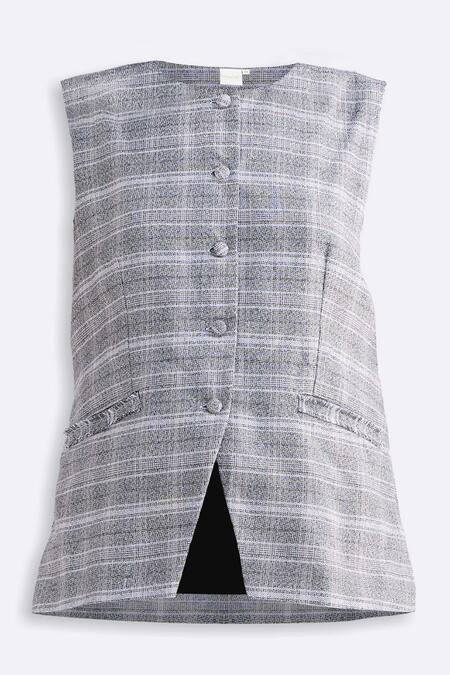 Shop_Reistor_Gray Cotton Round Neck Plaid Button-front Vest Jacket _Online_at_Aza_Fashions