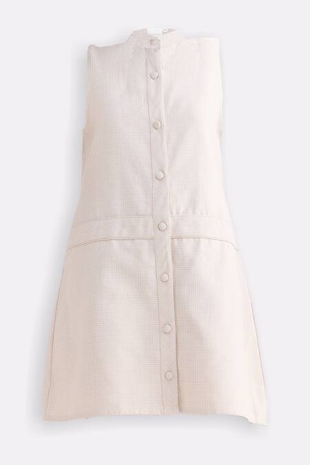 Buy_Reistor_Off White Cotton Mandarin Collar Sleeveless Button-front Dress _Online_at_Aza_Fashions