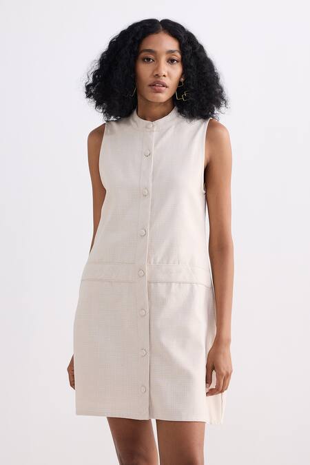 Shop_Reistor_Off White Cotton Mandarin Collar Sleeveless Button-front Dress _Online_at_Aza_Fashions