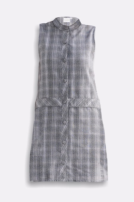 Shop_Reistor_Gray Cotton Mandarin Collar Plaid Tweed Shift Dress _Online_at_Aza_Fashions