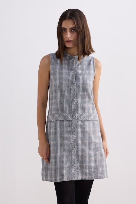Reistor_Gray Cotton Mandarin Collar Plaid Tweed Shift Dress _at_Aza_Fashions