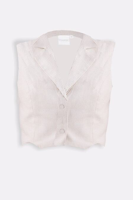 Reistor_Off White Cotton Notched Neck Cropped Collar Button-down Vest _Online_at_Aza_Fashions