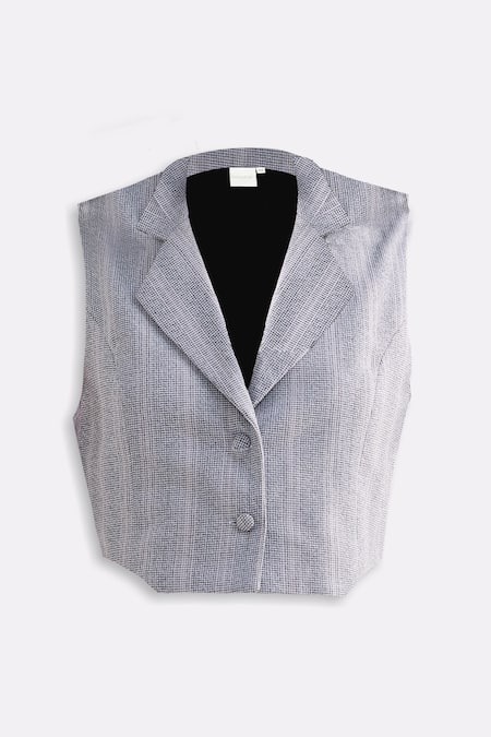 Shop_Reistor_Gray Cotton Notched Neck, Collared Cropped Button-down Vest _Online_at_Aza_Fashions