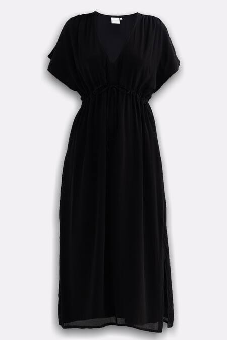 Buy_Reistor_Black Crepe V-neck Oversized Gathered Dress _Online_at_Aza_Fashions