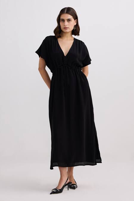 Shop_Reistor_Black Crepe V-neck Oversized Gathered Dress _Online_at_Aza_Fashions