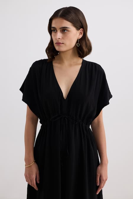 Reistor_Black Crepe V-neck Oversized Gathered Dress _at_Aza_Fashions
