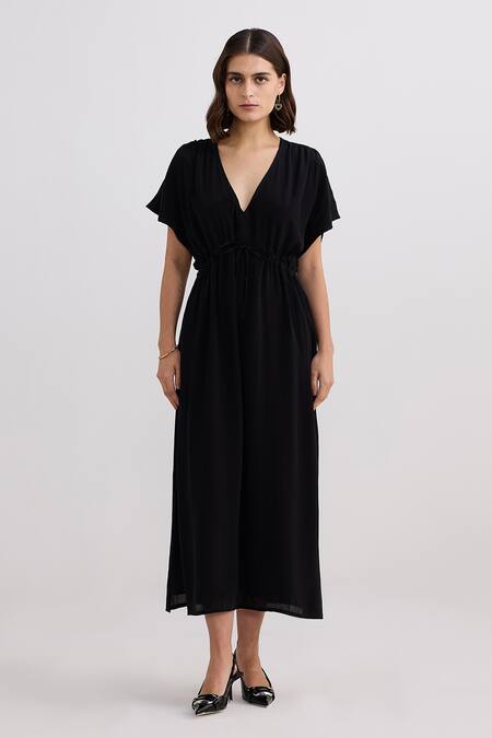 Buy_Reistor_Black Crepe V-neck Oversized Gathered Dress 