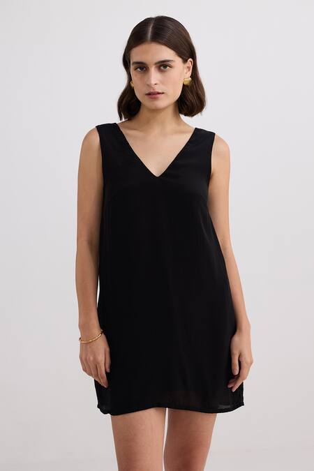 Buy_Reistor_Black Crepe Bows V-neck Dress 