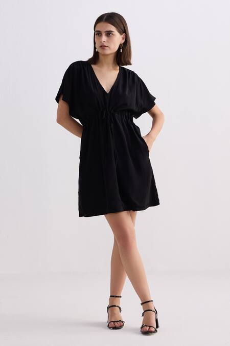 Reistor_Black Crepe V-neck Drawstring Waist Dress _at_Aza_Fashions