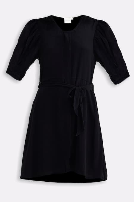 Buy_Reistor_Black Crepe V-neck Puff Sleeve Dress _Online_at_Aza_Fashions