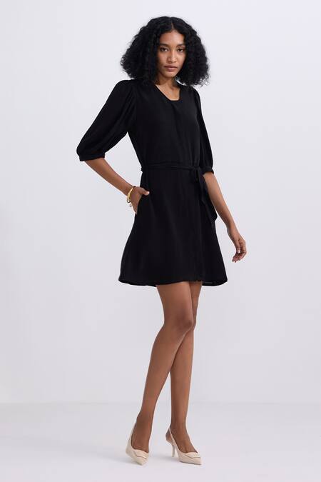 Reistor_Black Crepe V-neck Puff Sleeve Dress _at_Aza_Fashions
