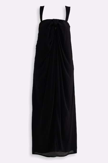 Buy_Reistor_Black Crepe Square Neck Drape Maxi Dress _Online_at_Aza_Fashions