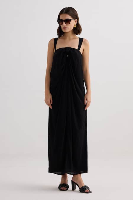 Shop_Reistor_Black Crepe Square Neck Drape Maxi Dress _Online_at_Aza_Fashions