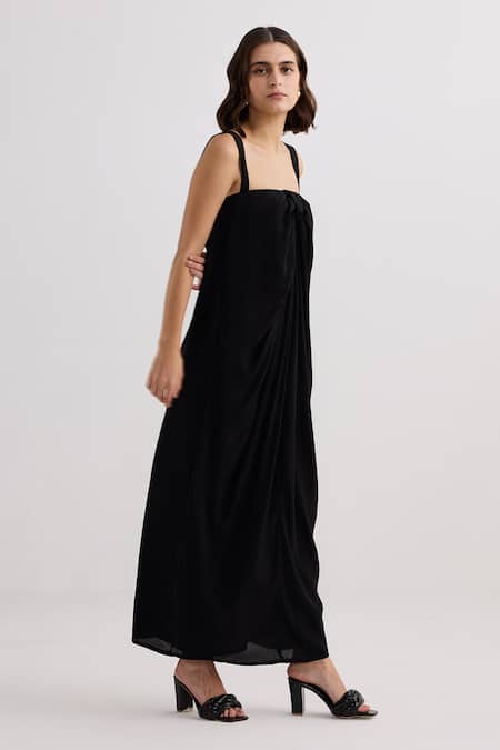 Reistor_Black Crepe Square Neck Drape Maxi Dress _at_Aza_Fashions