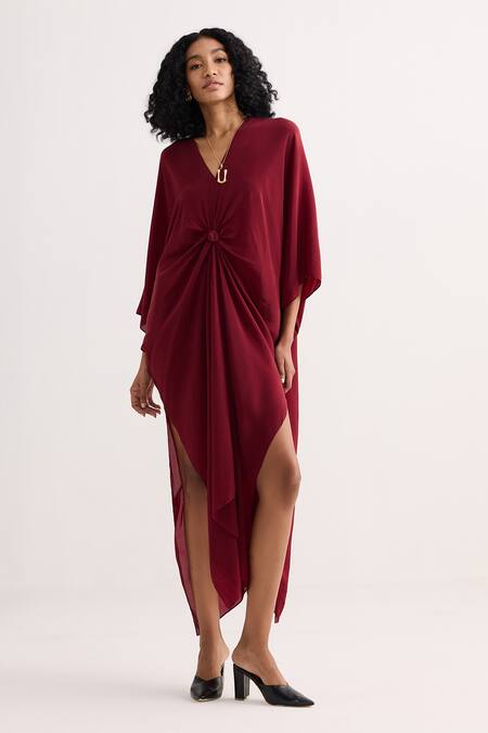 Shop_Reistor_Burgundy Crepe V-neck Knotted Dress _Online_at_Aza_Fashions