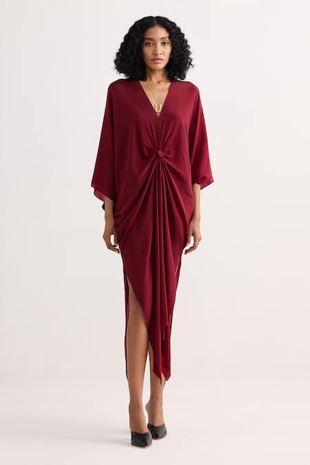Reistor_Burgundy Crepe V-neck Knotted Dress _at_Aza_Fashions