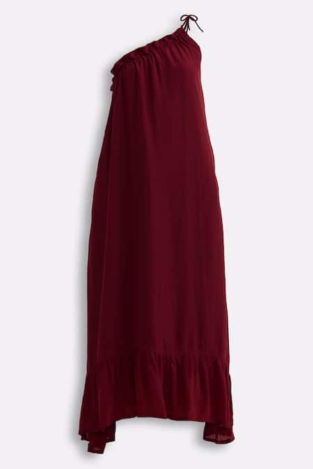 Buy_Reistor_Burgundy Crepe One Shoulder Tie-up Ruffle Hem Dress _Online_at_Aza_Fashions