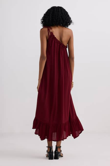 Reistor One Shoulder Tie-Up Ruffle Hem Dress 