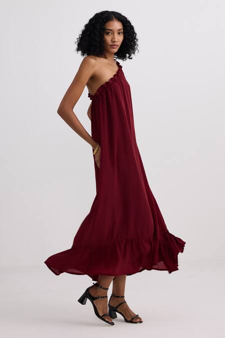 Shop_Reistor_Burgundy Crepe One Shoulder Tie-up Ruffle Hem Dress _Online_at_Aza_Fashions