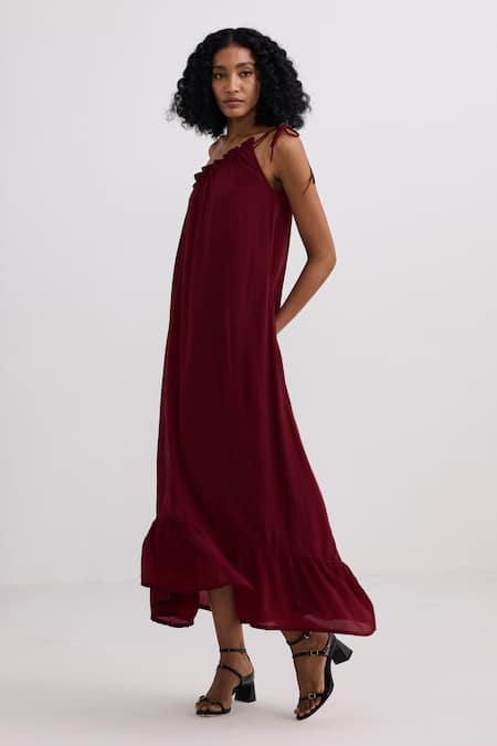 Reistor_Burgundy Crepe One Shoulder Tie-up Ruffle Hem Dress _at_Aza_Fashions
