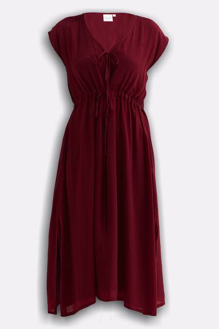 Buy_Reistor_Burgundy Crepe V-neck Dress _Online_at_Aza_Fashions