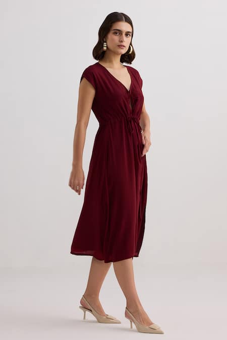 Shop_Reistor_Burgundy Crepe V-neck Dress _Online_at_Aza_Fashions