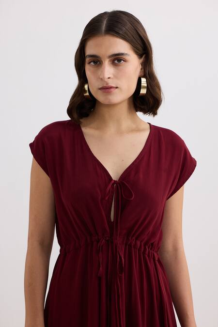 Buy_Reistor_Burgundy Crepe V-neck Dress 