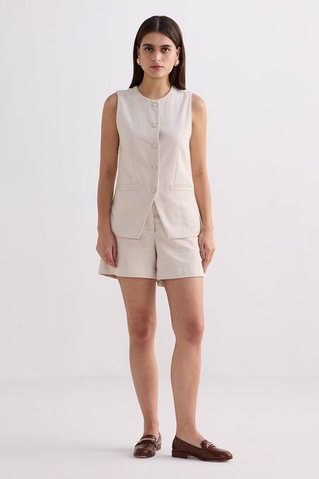 Buy_Reistor_Cream Cotton Round Neck Tweed Vest And Shorts Set _Online_at_Aza_Fashions