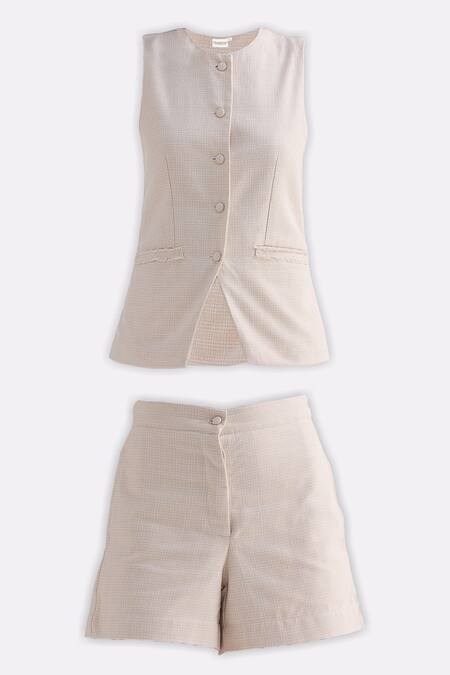 Reistor_Cream Cotton Round Neck Tweed Vest And Shorts Set _at_Aza_Fashions
