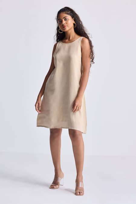 Reistor_Peach Linen Lace, Embroidery Round Neck Pin Striped Dress _Online_at_Aza_Fashions