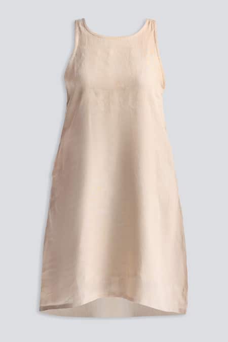 Buy_Reistor_Peach Linen Lace, Embroidery Round Neck Pin Striped Dress _Online_at_Aza_Fashions