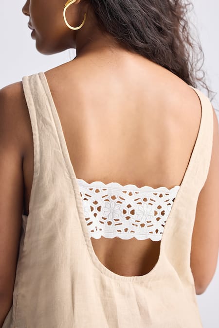 Shop_Reistor_Peach Linen Lace, Embroidery Round Neck Pin Striped Dress _Online_at_Aza_Fashions