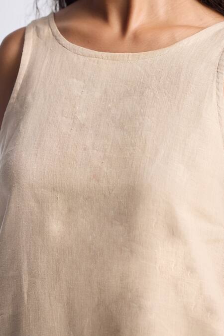 Reistor_Peach Linen Lace, Embroidery Round Neck Pin Striped Dress _at_Aza_Fashions