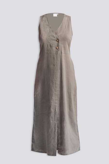 Reistor_Gray Hemp, Cotton V-neck Sleeveless Dress _Online_at_Aza_Fashions