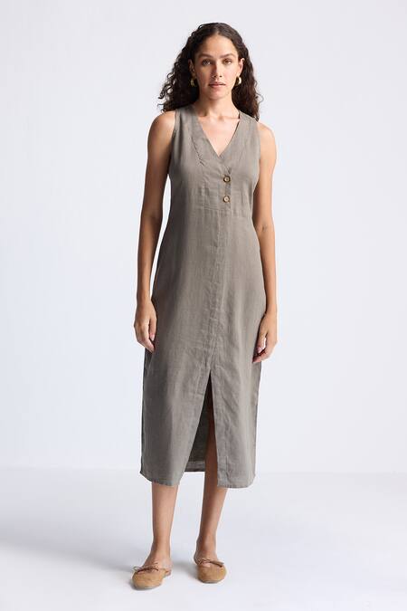 Buy_Reistor_Gray Hemp, Cotton V-neck Sleeveless Dress _Online_at_Aza_Fashions