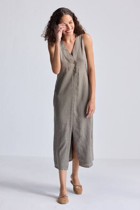 Shop_Reistor_Gray Hemp, Cotton V-neck Sleeveless Dress _Online_at_Aza_Fashions