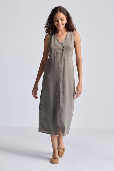 Reistor_Gray Hemp, Cotton V-neck Sleeveless Dress _at_Aza_Fashions