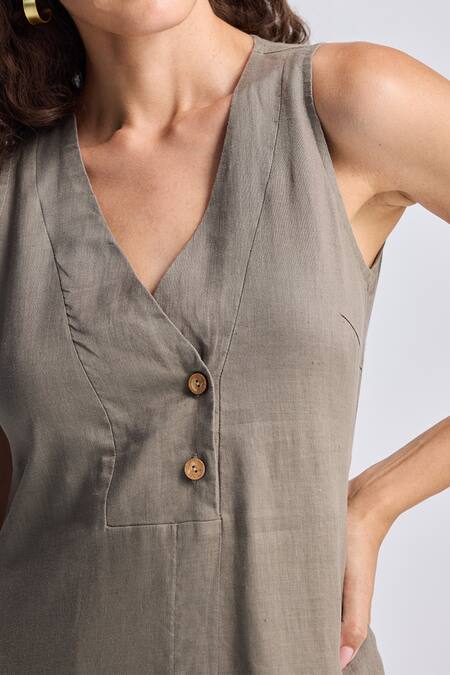 Buy_Reistor_Gray Hemp, Cotton V-neck Sleeveless Dress 