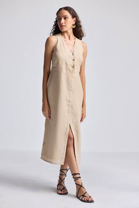 Reistor_Beige Cotton V-neck Sleeveless Button-front Dress _Online_at_Aza_Fashions