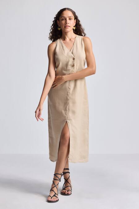 Buy_Reistor_Beige Cotton V-neck Sleeveless Button-front Dress _Online_at_Aza_Fashions