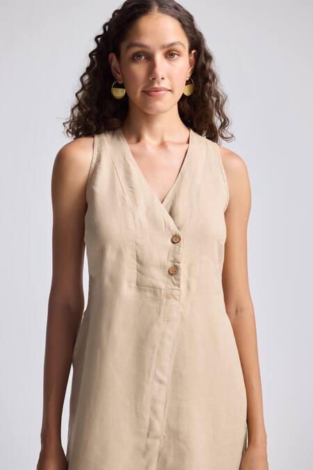 Shop_Reistor_Beige Cotton V-neck Sleeveless Button-front Dress _Online_at_Aza_Fashions