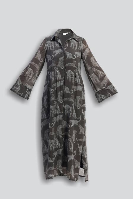 Reistor_Gray Cotton Collared Animal Print Maxi Dress _Online_at_Aza_Fashions